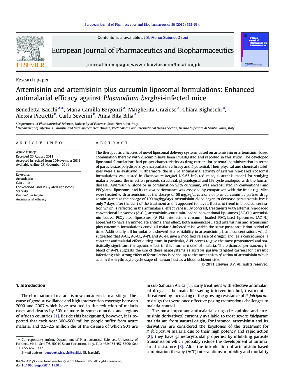 Artemisinin and artemisinin plus curcumin liposomal formulations: Enhanced antimalarial efficacy against Plasmodium berghei-infected mice