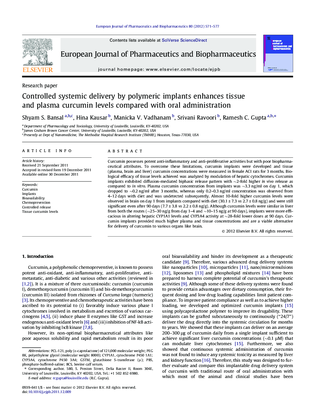 Controlled systemic delivery by polymeric implants enhances tissue and plasma curcumin levels compared with oral administration