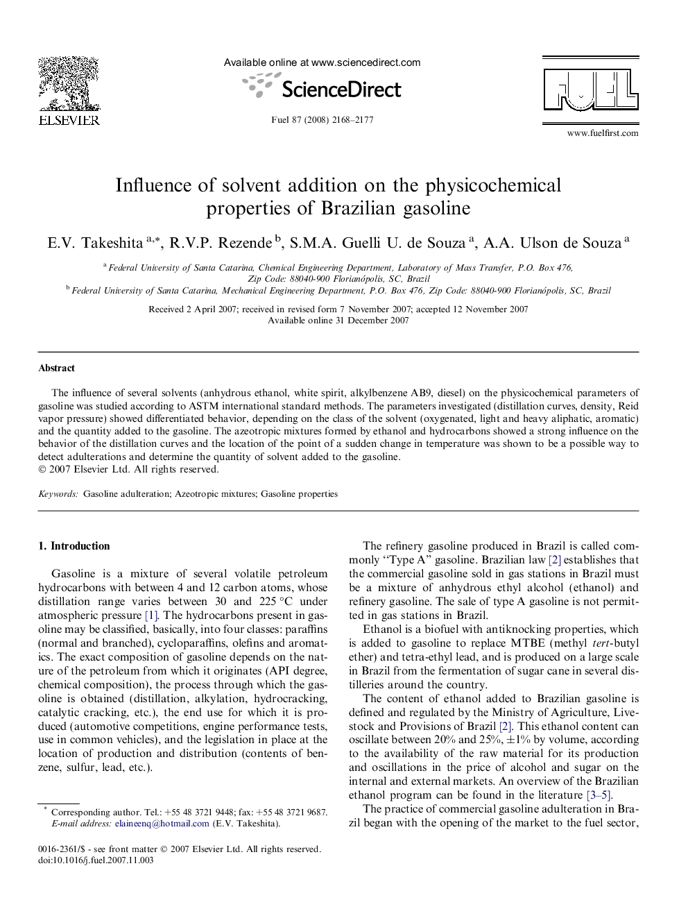 Influence of solvent addition on the physicochemical properties of Brazilian gasoline