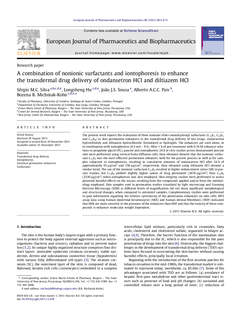 A combination of nonionic surfactants and iontophoresis to enhance the transdermal drug delivery of ondansetron HCl and diltiazem HCl