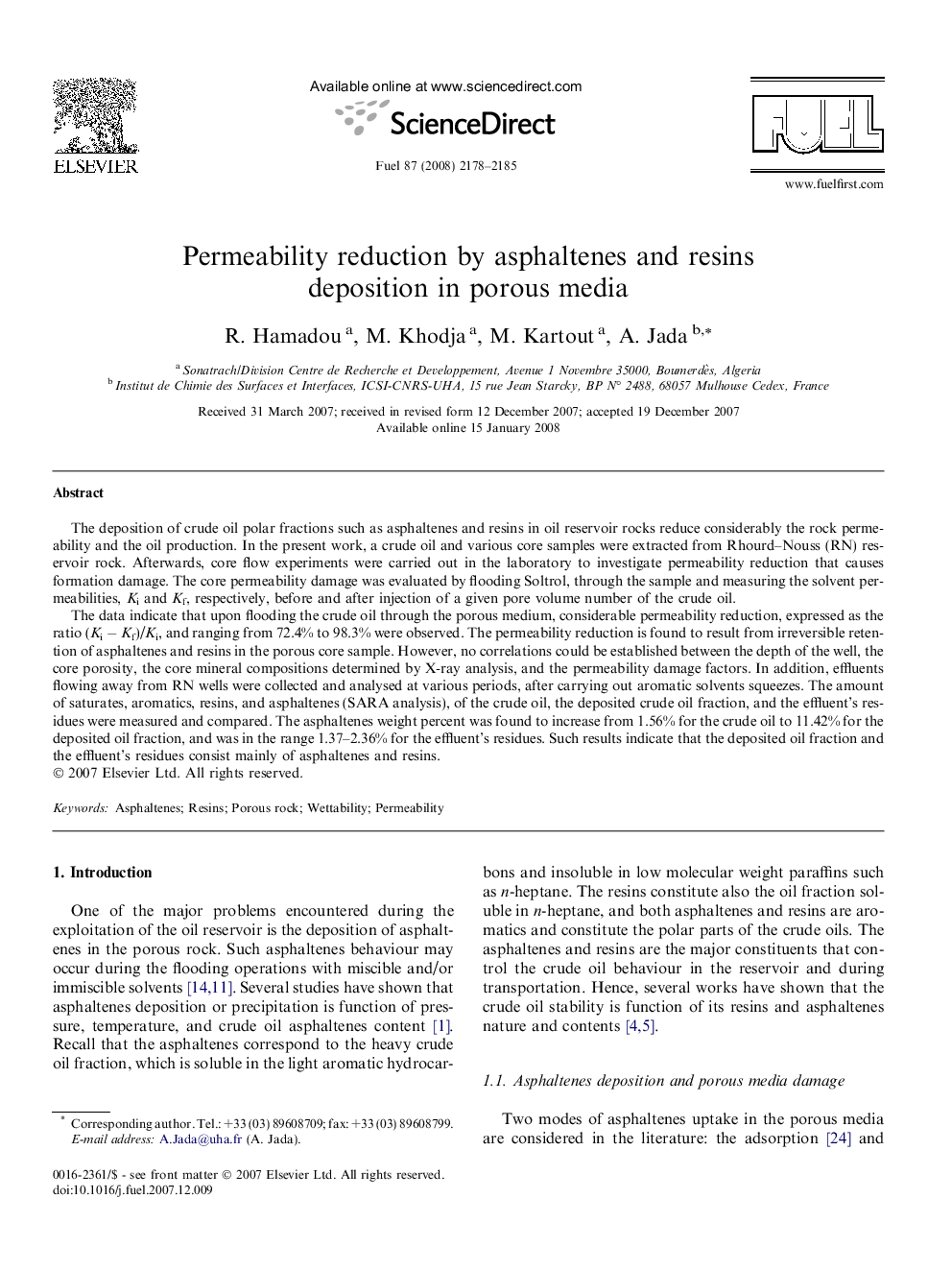 Permeability reduction by asphaltenes and resins deposition in porous media