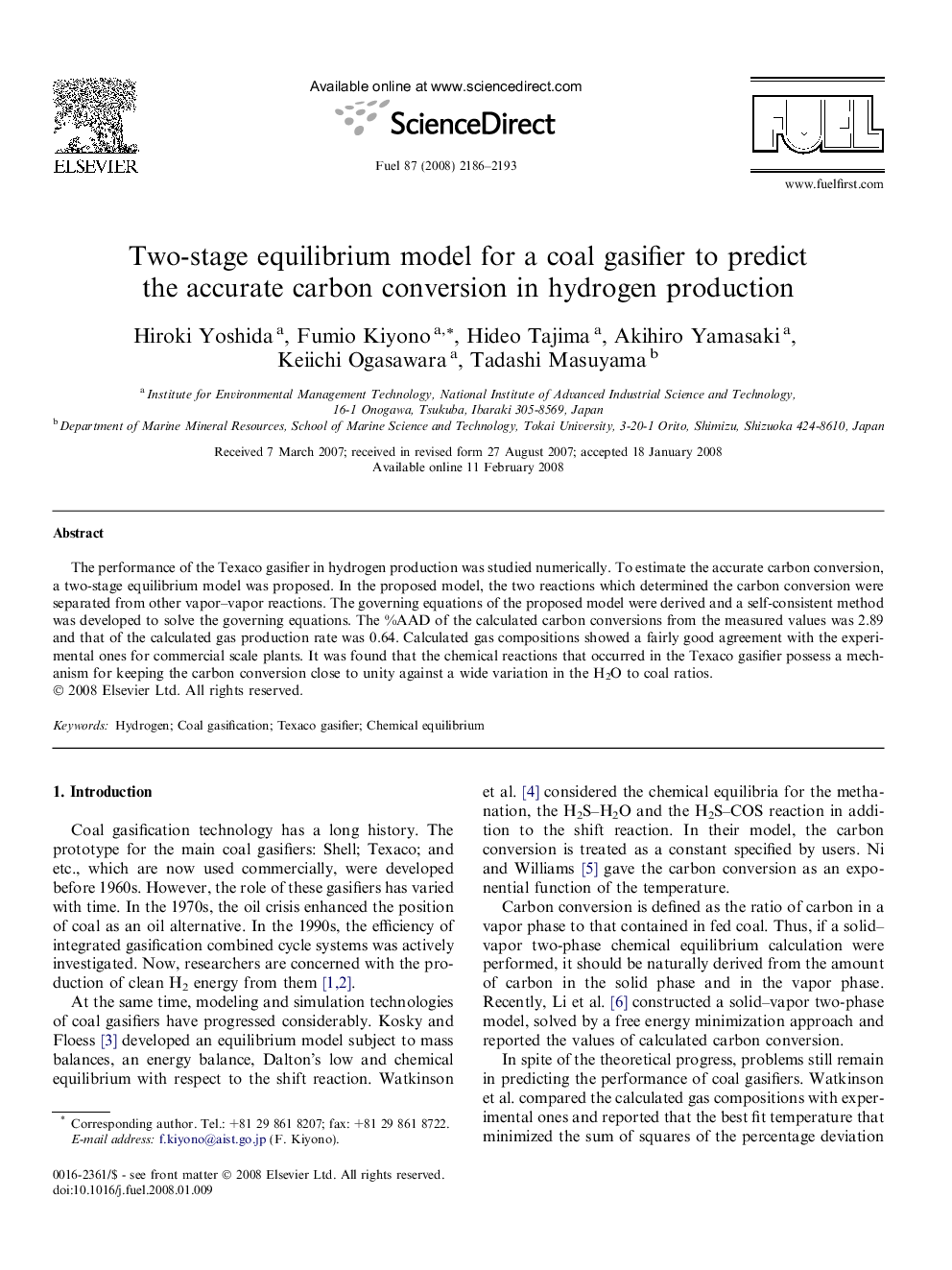 Two-stage equilibrium model for a coal gasifier to predict the accurate carbon conversion in hydrogen production