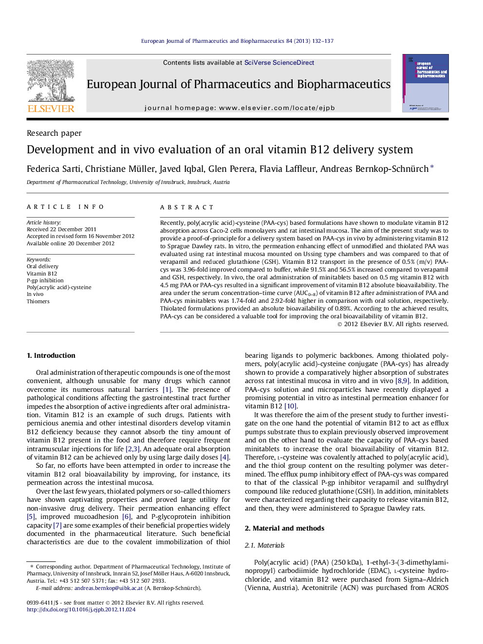 Development and in vivo evaluation of an oral vitamin B12 delivery system