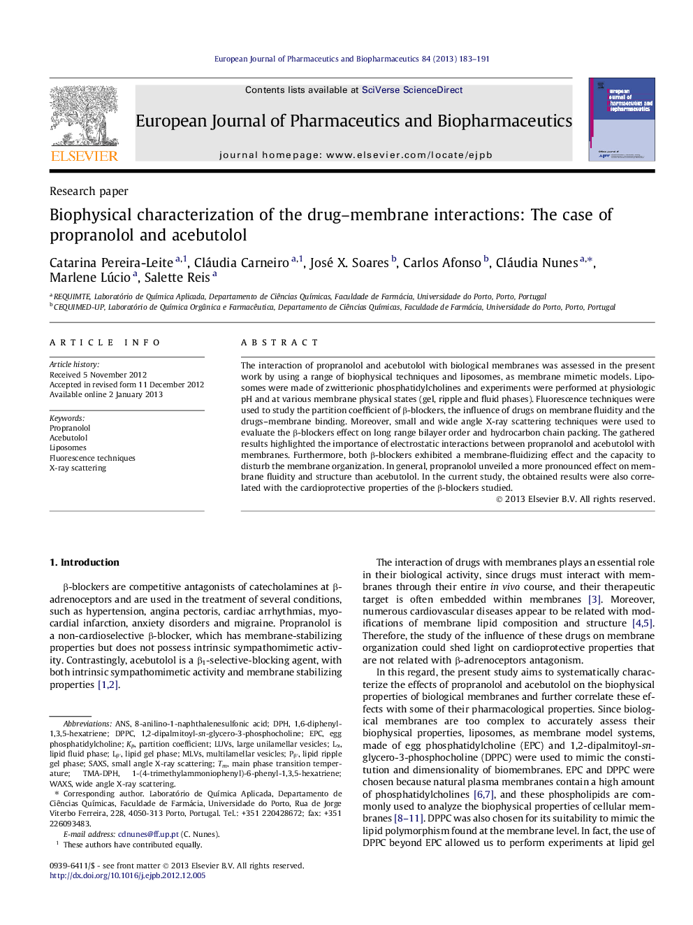 Biophysical characterization of the drug–membrane interactions: The case of propranolol and acebutolol