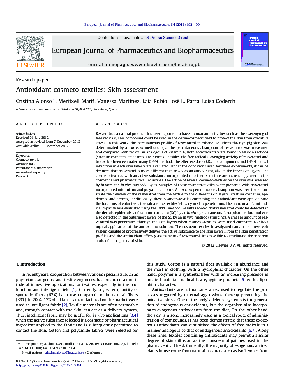 Antioxidant cosmeto-textiles: Skin assessment