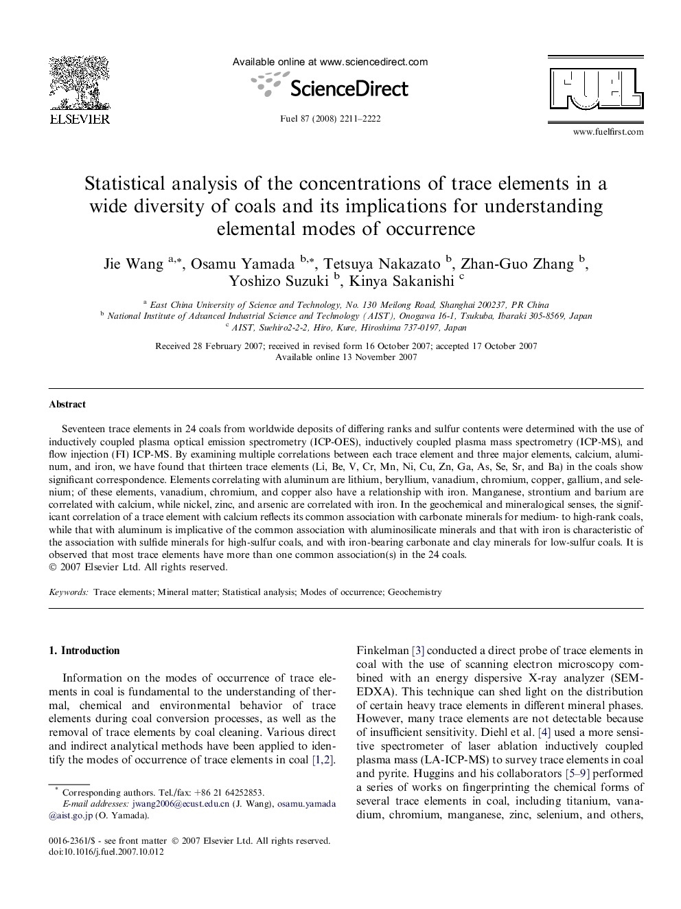 Statistical analysis of the concentrations of trace elements in a wide diversity of coals and its implications for understanding elemental modes of occurrence