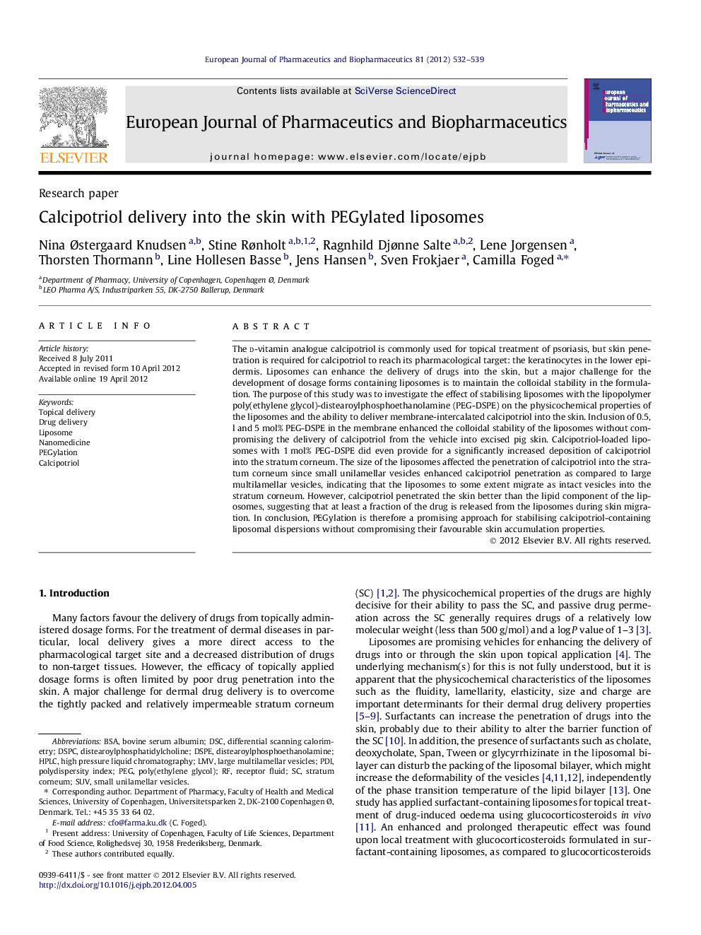 Calcipotriol delivery into the skin with PEGylated liposomes