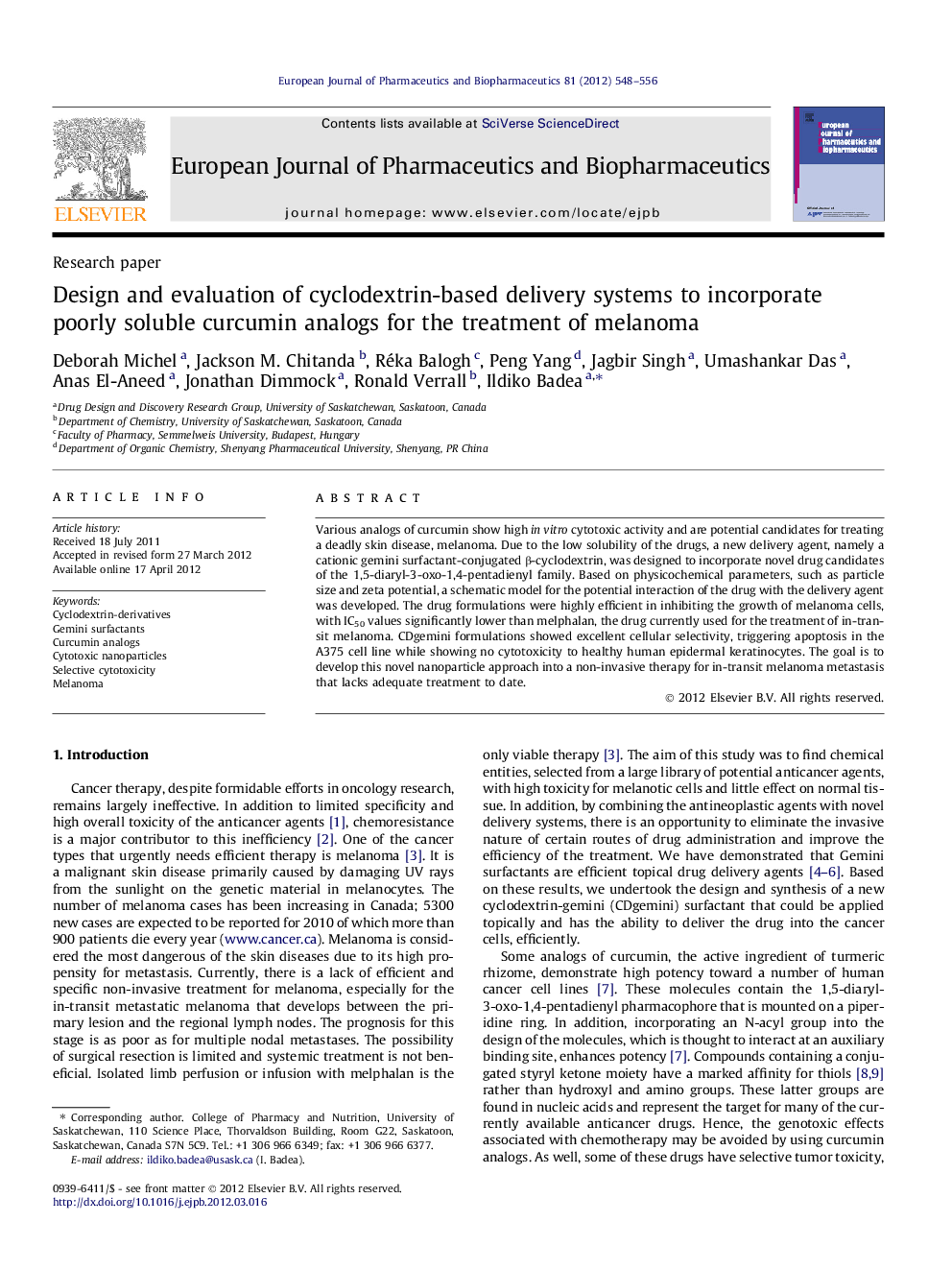 Design and evaluation of cyclodextrin-based delivery systems to incorporate poorly soluble curcumin analogs for the treatment of melanoma