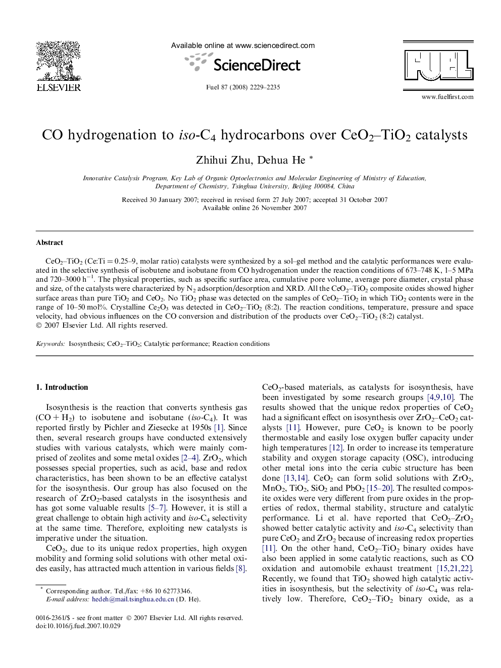 CO hydrogenation to iso-C4 hydrocarbons over CeO2–TiO2 catalysts