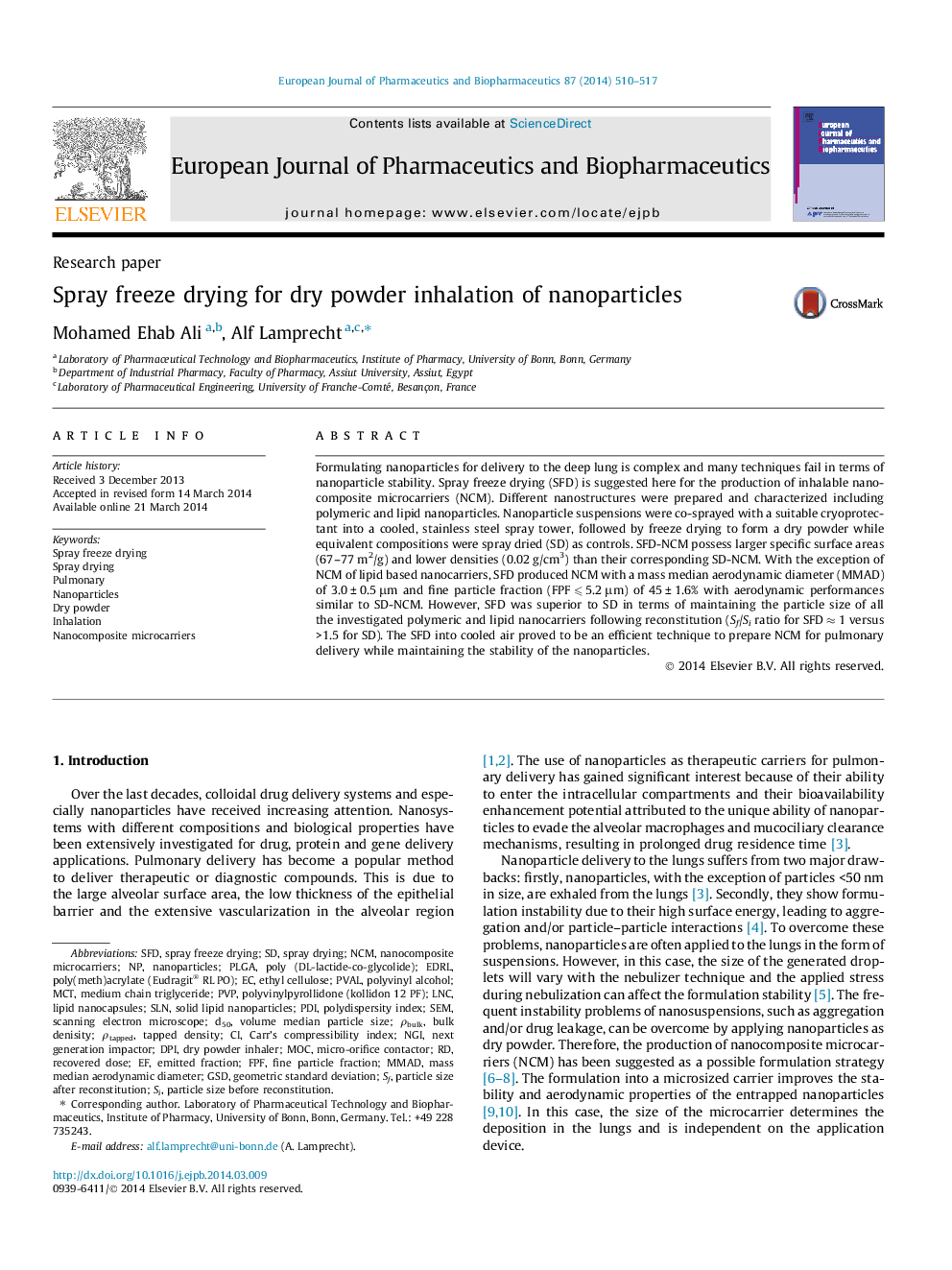 Spray freeze drying for dry powder inhalation of nanoparticles