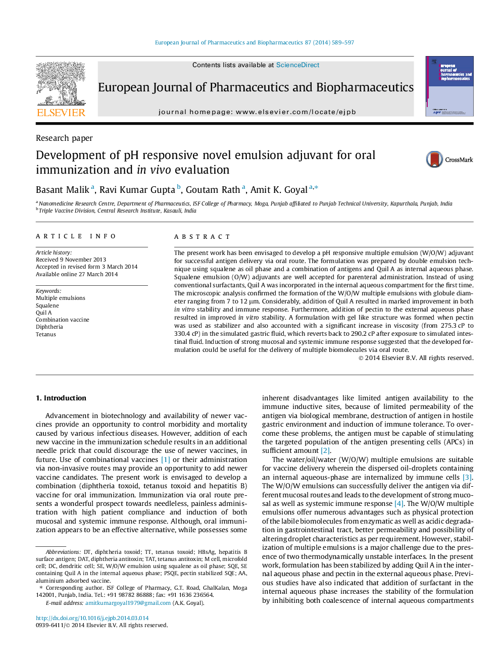 Development of pH responsive novel emulsion adjuvant for oral immunization and in vivo evaluation