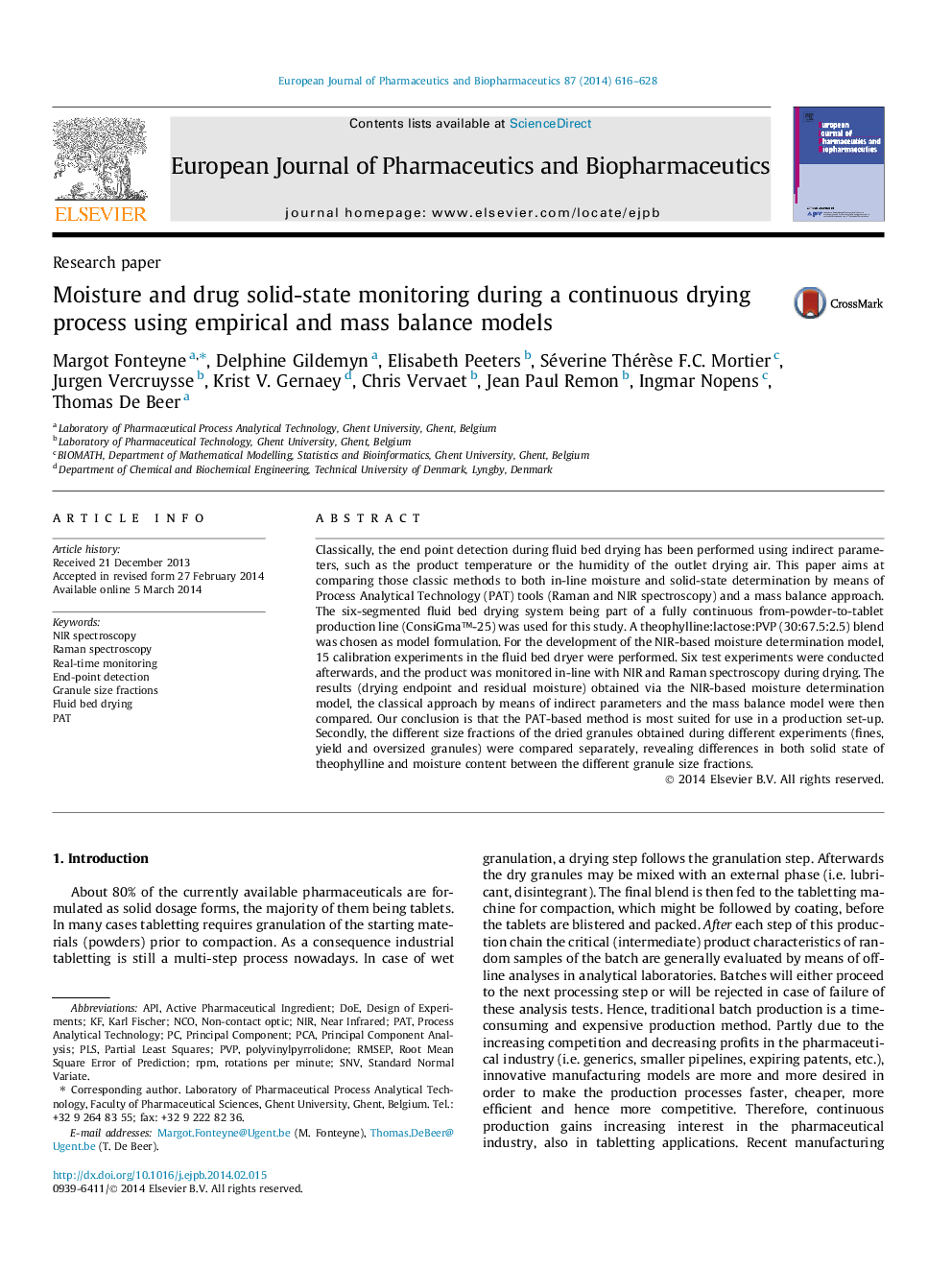 Moisture and drug solid-state monitoring during a continuous drying process using empirical and mass balance models