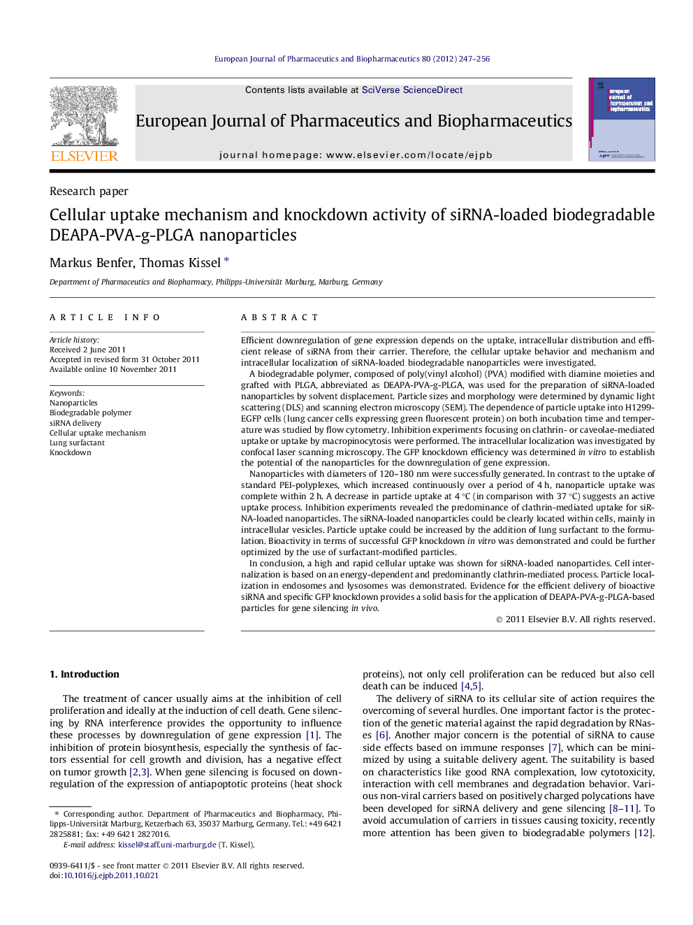 Cellular uptake mechanism and knockdown activity of siRNA-loaded biodegradable DEAPA-PVA-g-PLGA nanoparticles