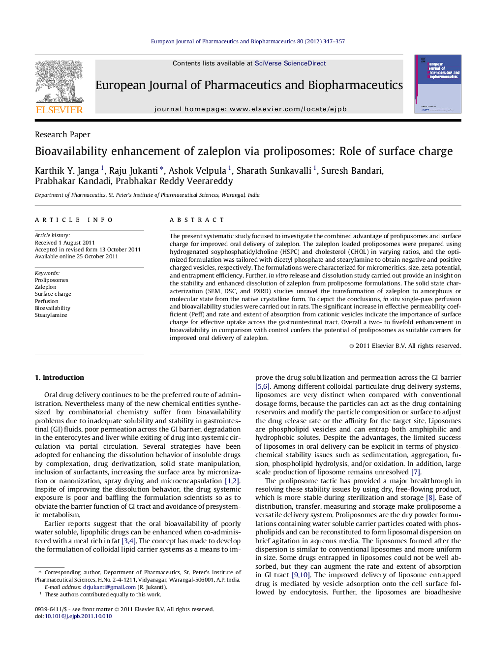 Bioavailability enhancement of zaleplon via proliposomes: Role of surface charge