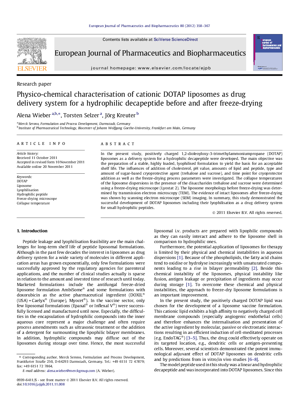 Physico-chemical characterisation of cationic DOTAP liposomes as drug delivery system for a hydrophilic decapeptide before and after freeze-drying