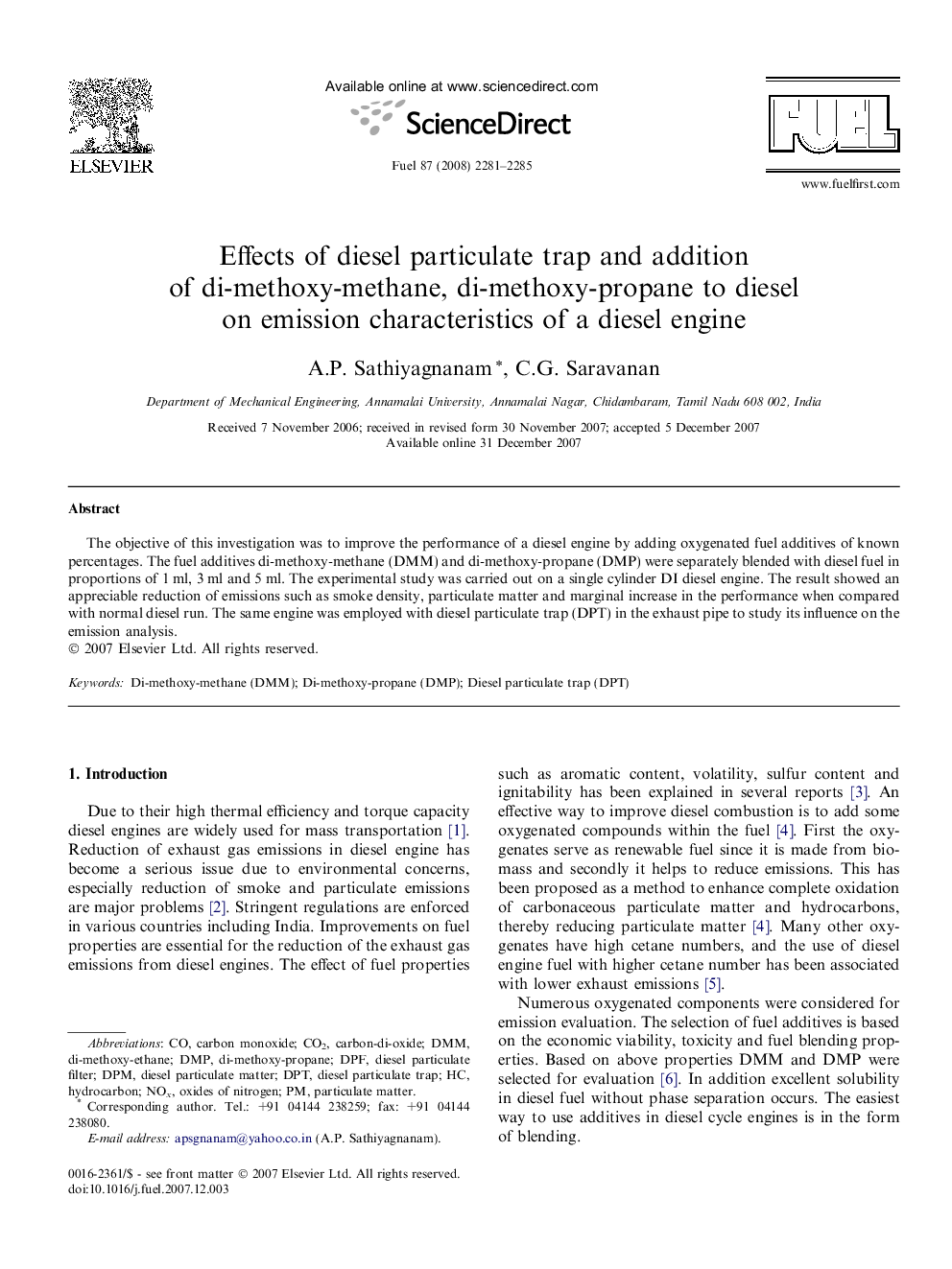 Effects of diesel particulate trap and addition of di-methoxy-methane, di-methoxy-propane to diesel on emission characteristics of a diesel engine