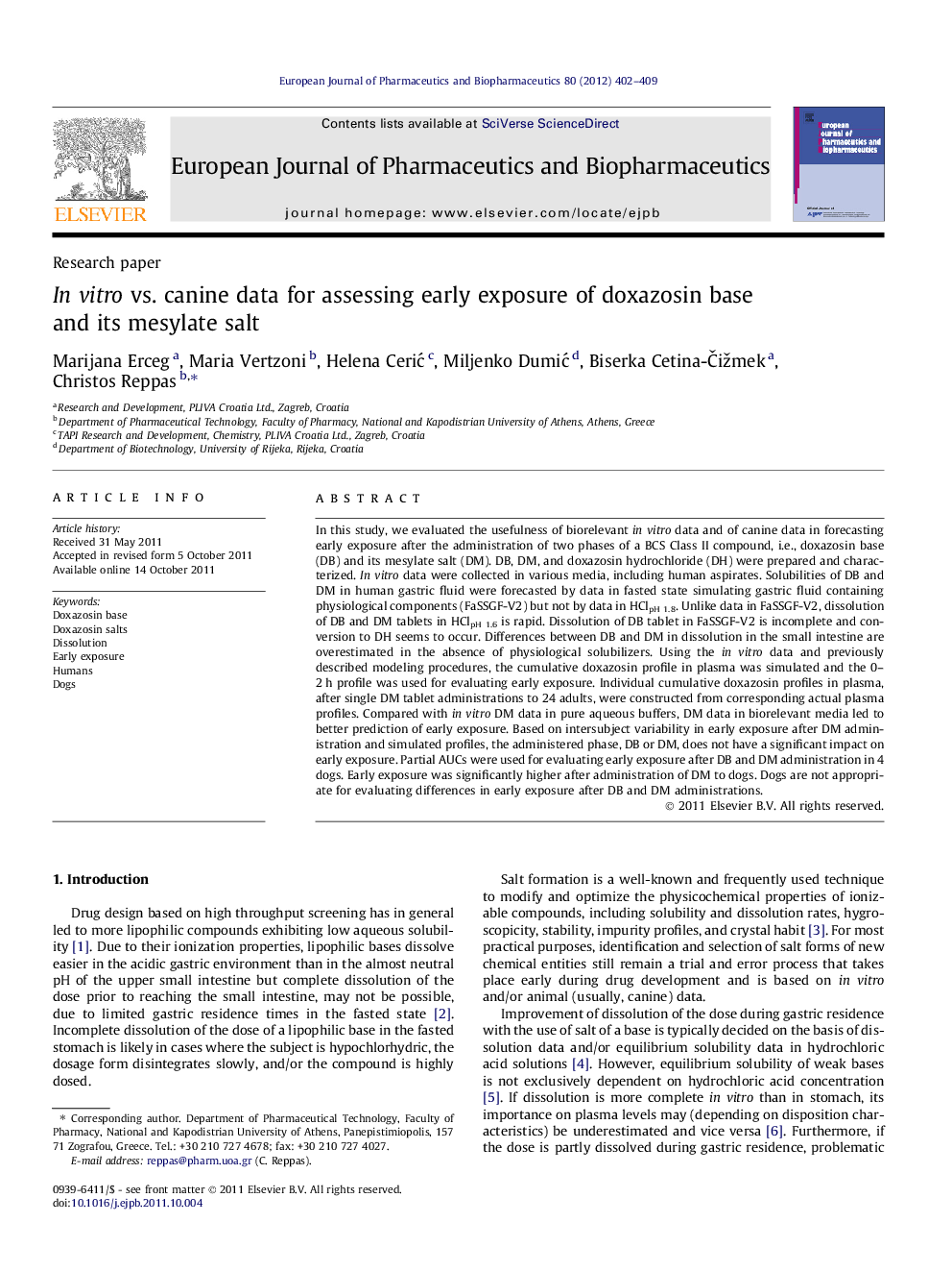 In vitro vs. canine data for assessing early exposure of doxazosin base and its mesylate salt