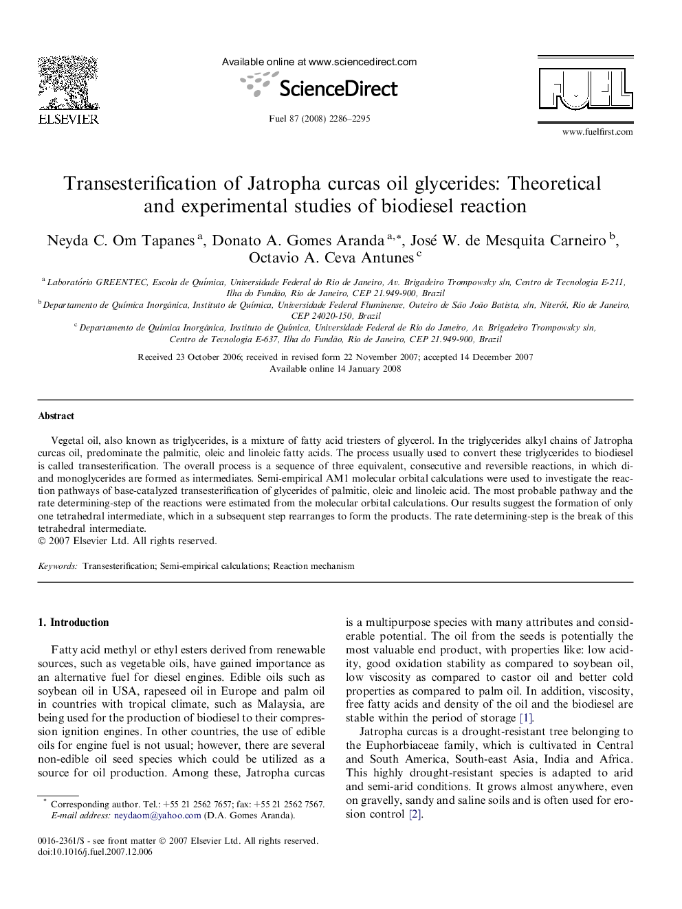 Transesterification of Jatropha curcas oil glycerides: Theoretical and experimental studies of biodiesel reaction