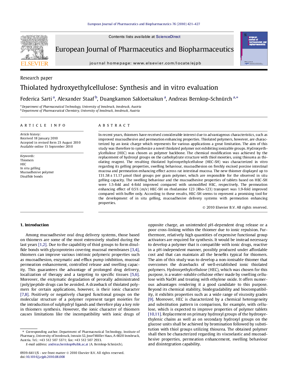 Thiolated hydroxyethylcellulose: Synthesis and in vitro evaluation