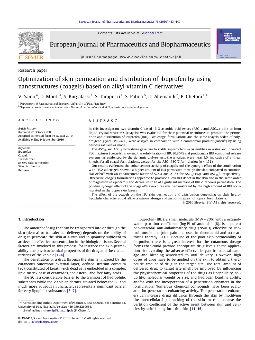 Optimization of skin permeation and distribution of ibuprofen by using nanostructures (coagels) based on alkyl vitamin C derivatives