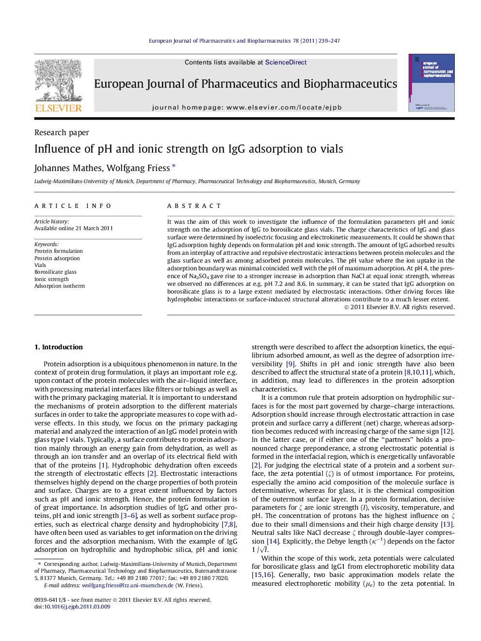 Influence of pH and ionic strength on IgG adsorption to vials