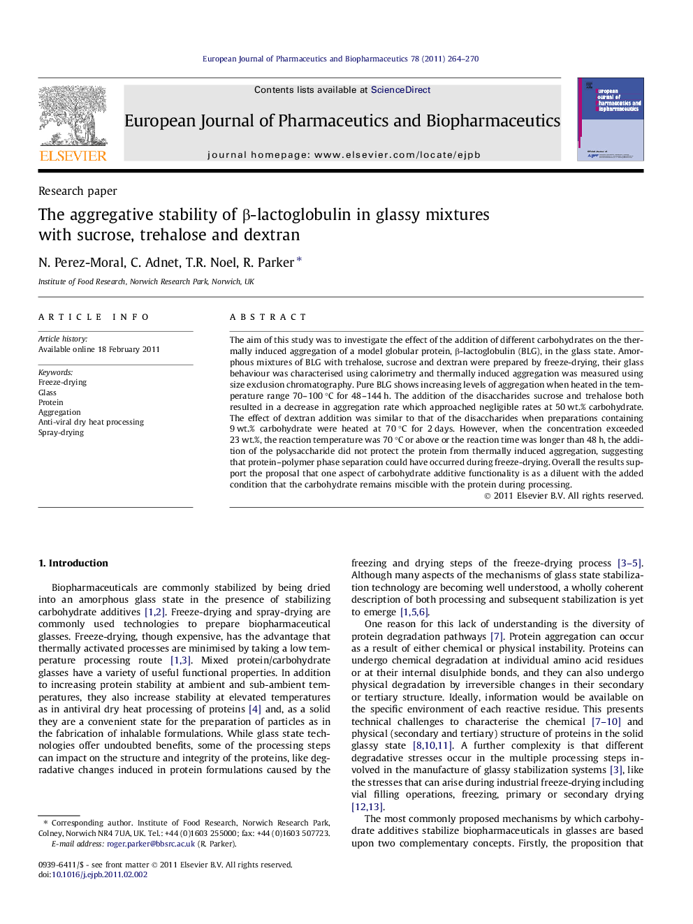 The aggregative stability of β-lactoglobulin in glassy mixtures with sucrose, trehalose and dextran