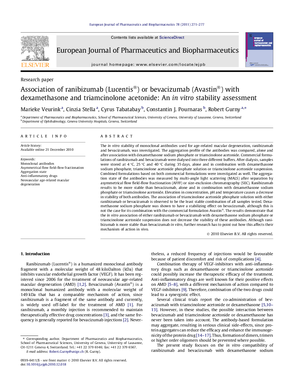 Association of ranibizumab (Lucentis®) or bevacizumab (Avastin®) with dexamethasone and triamcinolone acetonide: An in vitro stability assessment