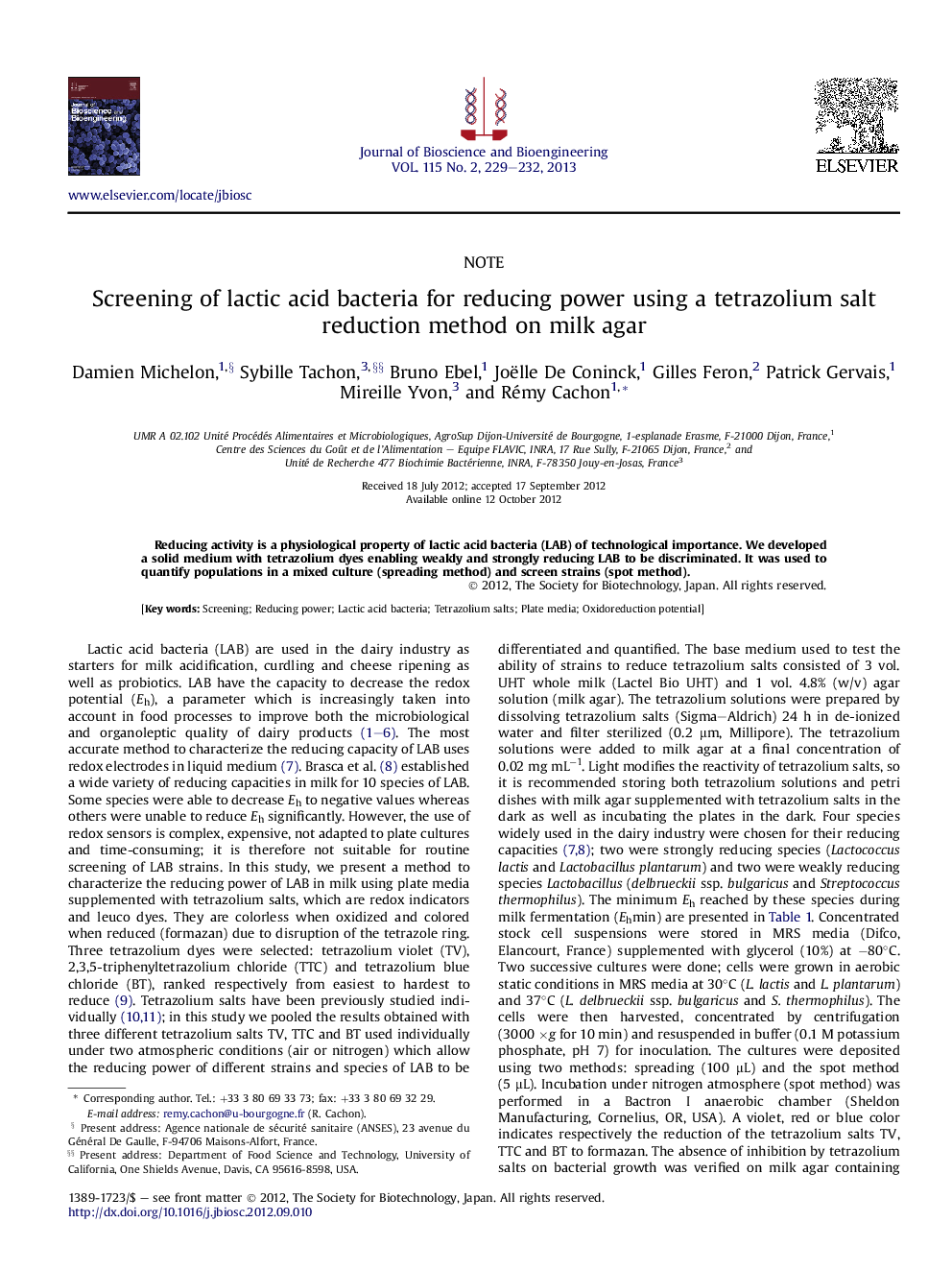 Screening of lactic acid bacteria for reducing power using a tetrazolium salt reduction method on milk agar