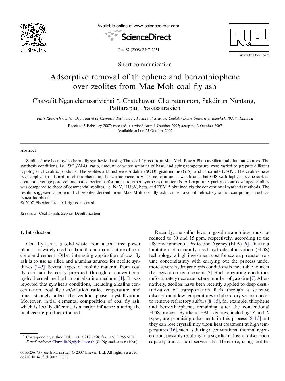 Adsorptive removal of thiophene and benzothiophene over zeolites from Mae Moh coal fly ash