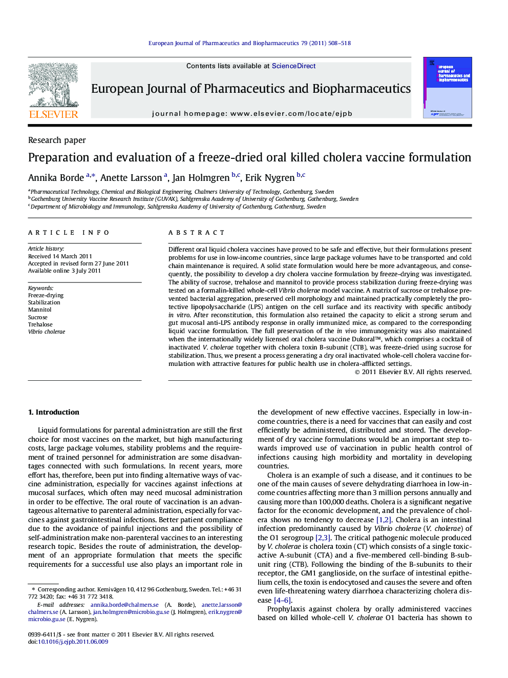 Preparation and evaluation of a freeze-dried oral killed cholera vaccine formulation