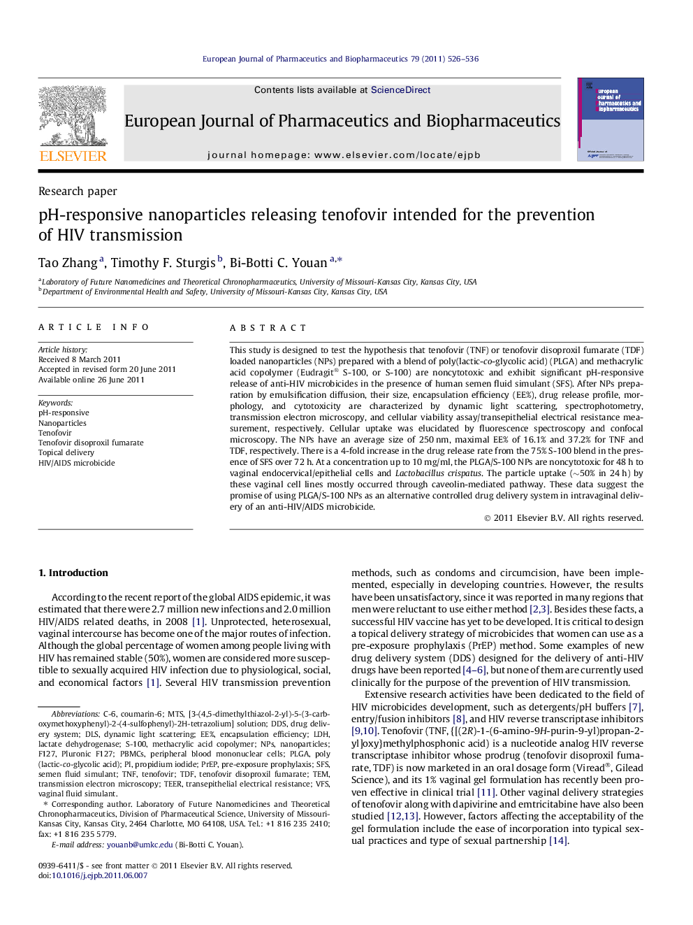 pH-responsive nanoparticles releasing tenofovir intended for the prevention of HIV transmission