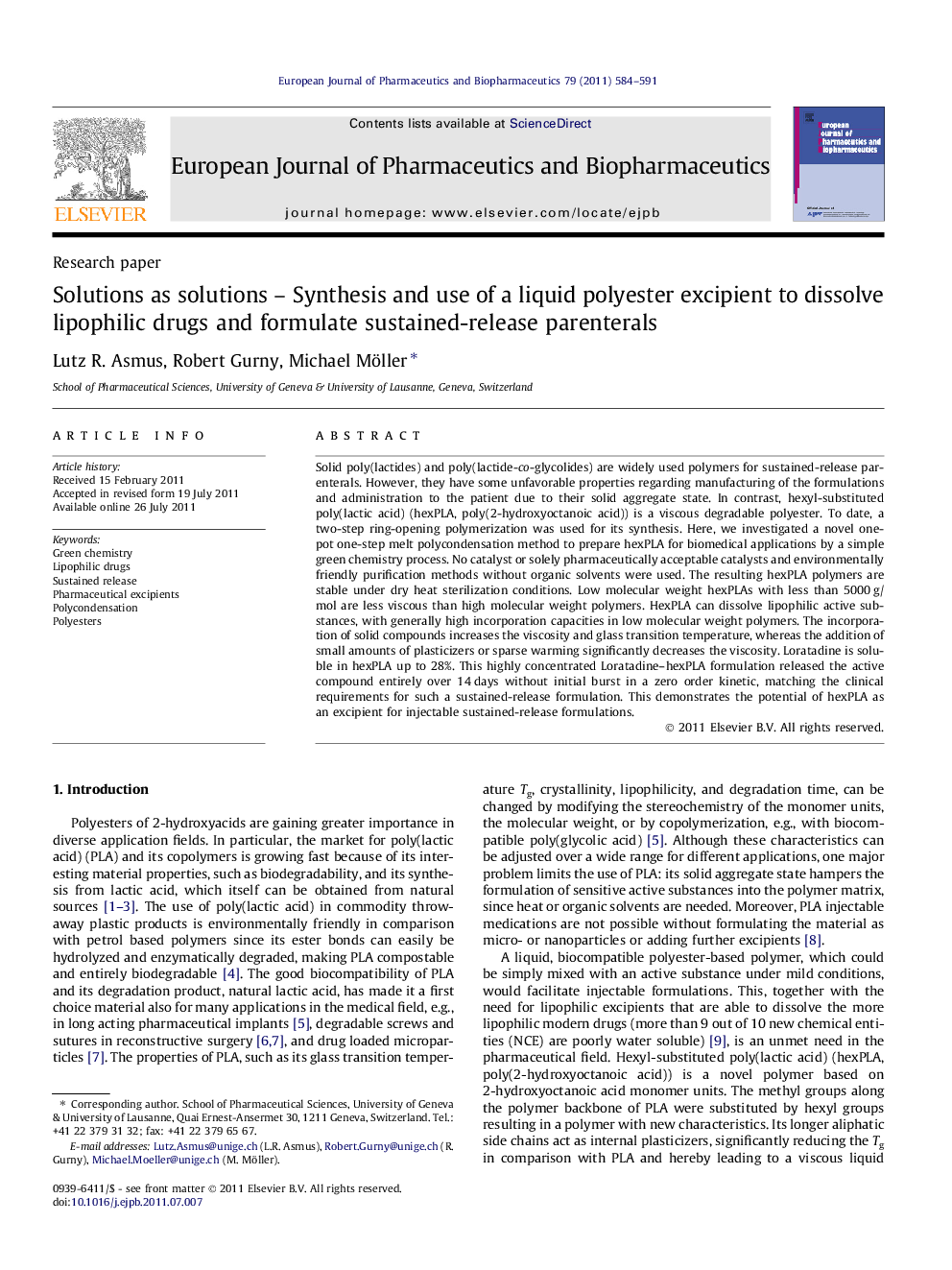 Solutions as solutions – Synthesis and use of a liquid polyester excipient to dissolve lipophilic drugs and formulate sustained-release parenterals