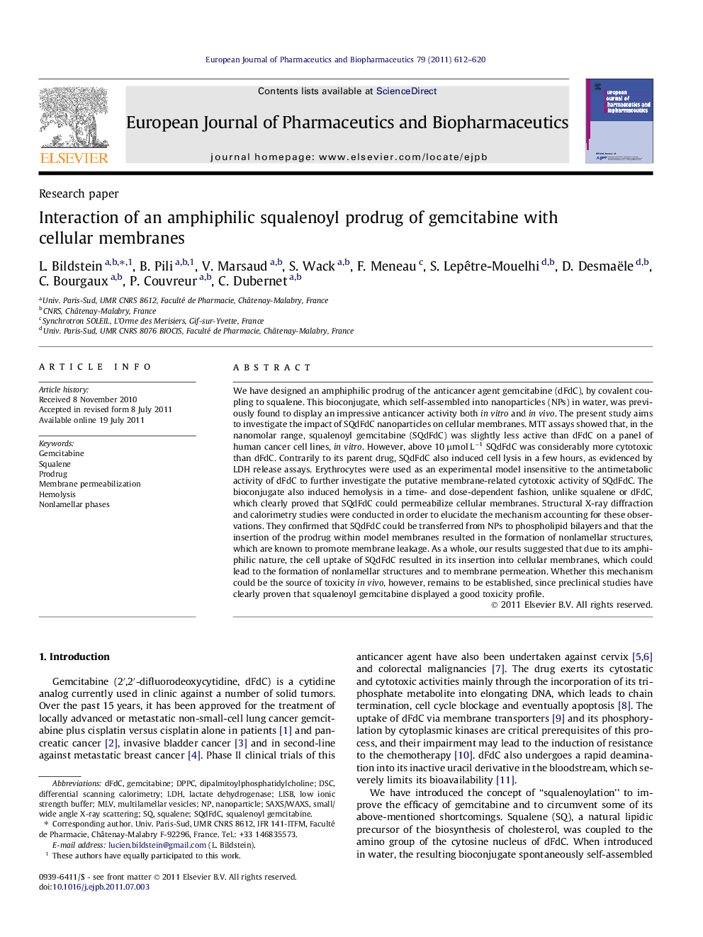 Interaction of an amphiphilic squalenoyl prodrug of gemcitabine with cellular membranes