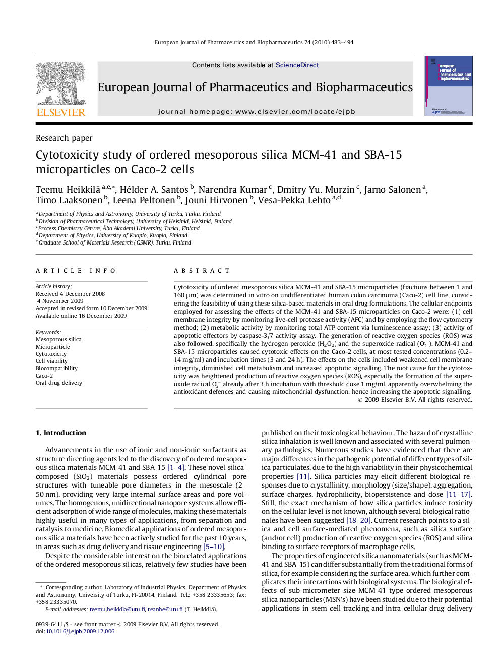 Cytotoxicity study of ordered mesoporous silica MCM-41 and SBA-15 microparticles on Caco-2 cells