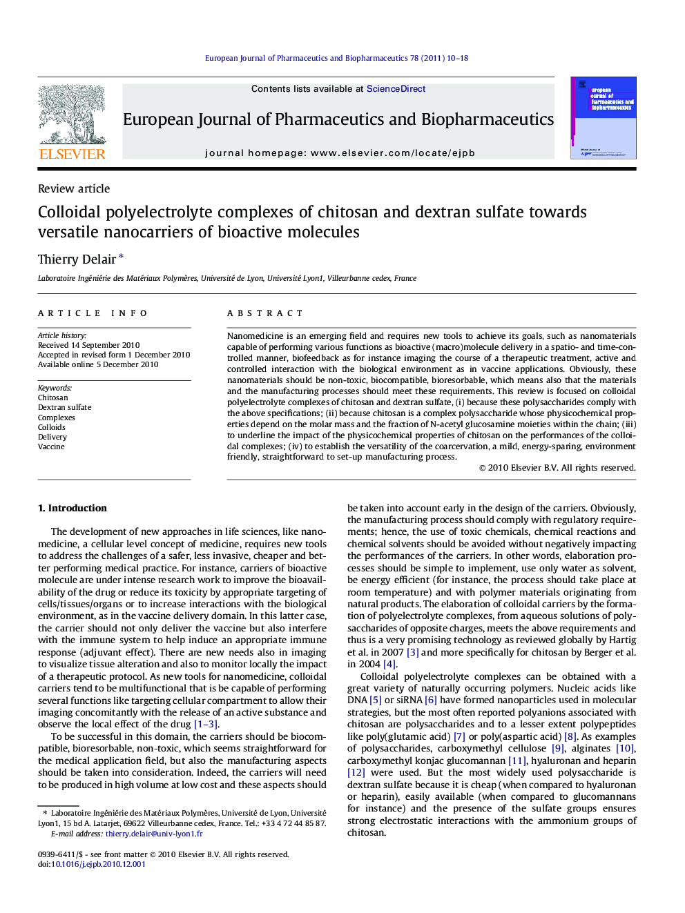 Colloidal polyelectrolyte complexes of chitosan and dextran sulfate towards versatile nanocarriers of bioactive molecules