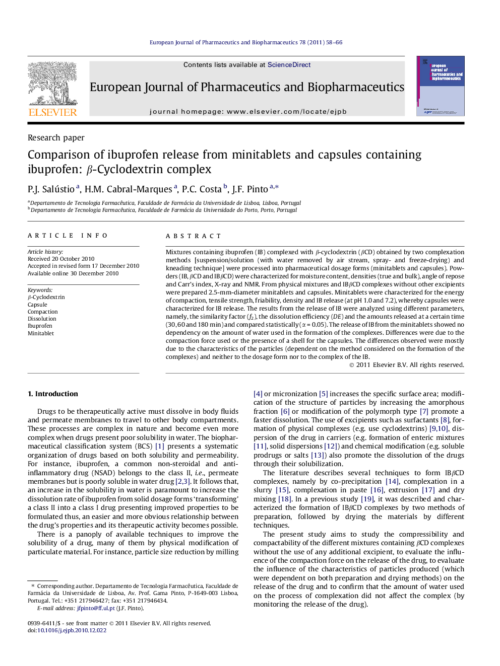 Comparison of ibuprofen release from minitablets and capsules containing ibuprofen: β-Cyclodextrin complex