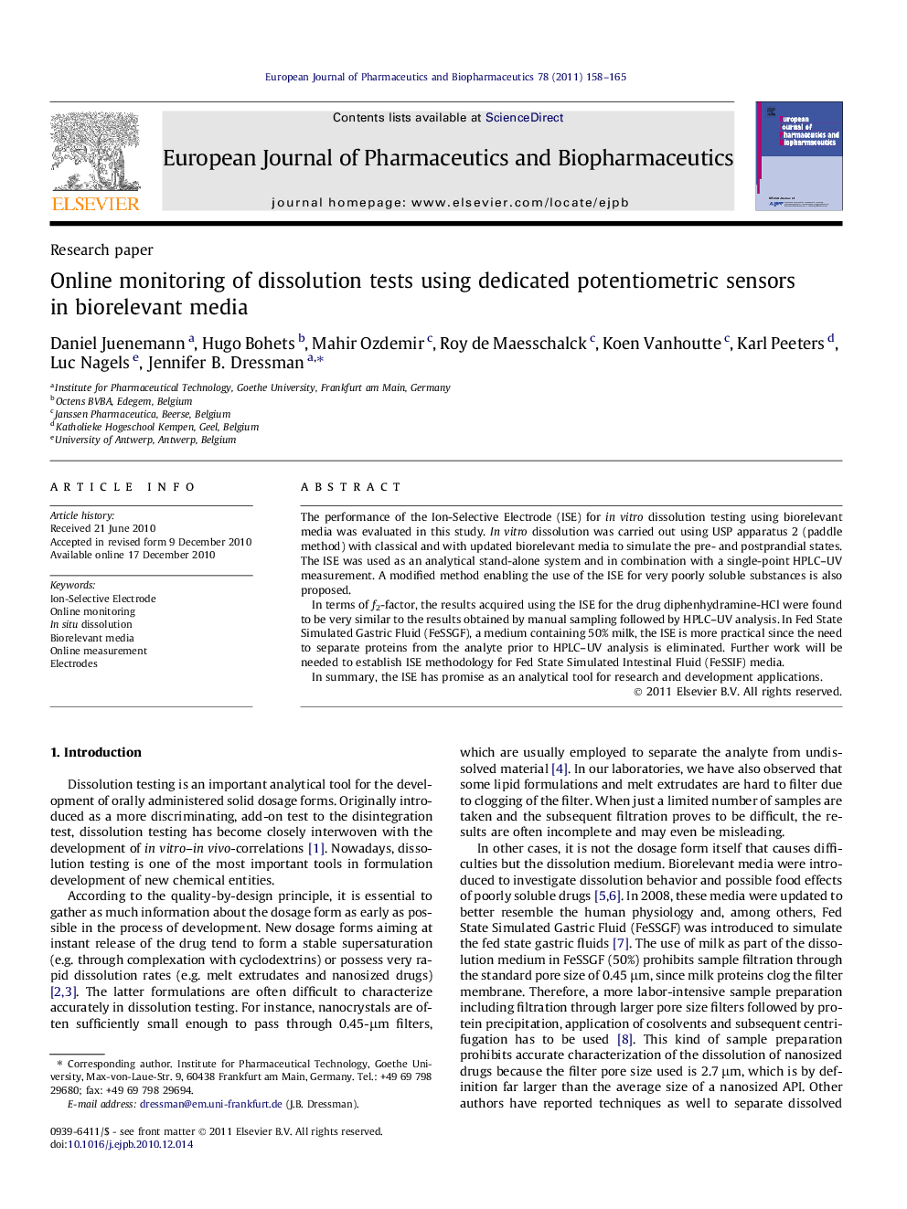 Online monitoring of dissolution tests using dedicated potentiometric sensors in biorelevant media