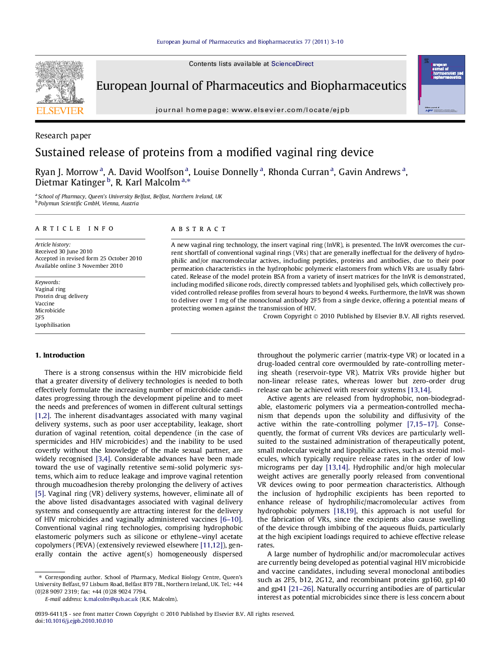 Sustained release of proteins from a modified vaginal ring device