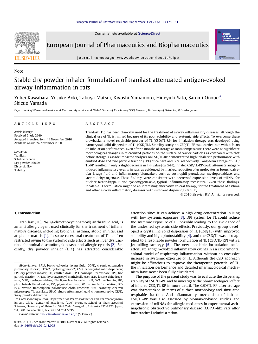 Stable dry powder inhaler formulation of tranilast attenuated antigen-evoked airway inflammation in rats