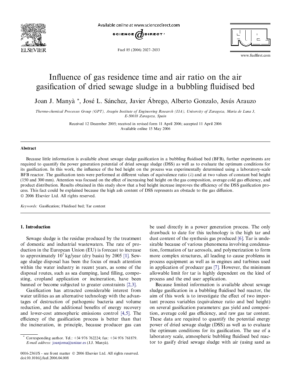 Influence of gas residence time and air ratio on the air gasification of dried sewage sludge in a bubbling fluidised bed