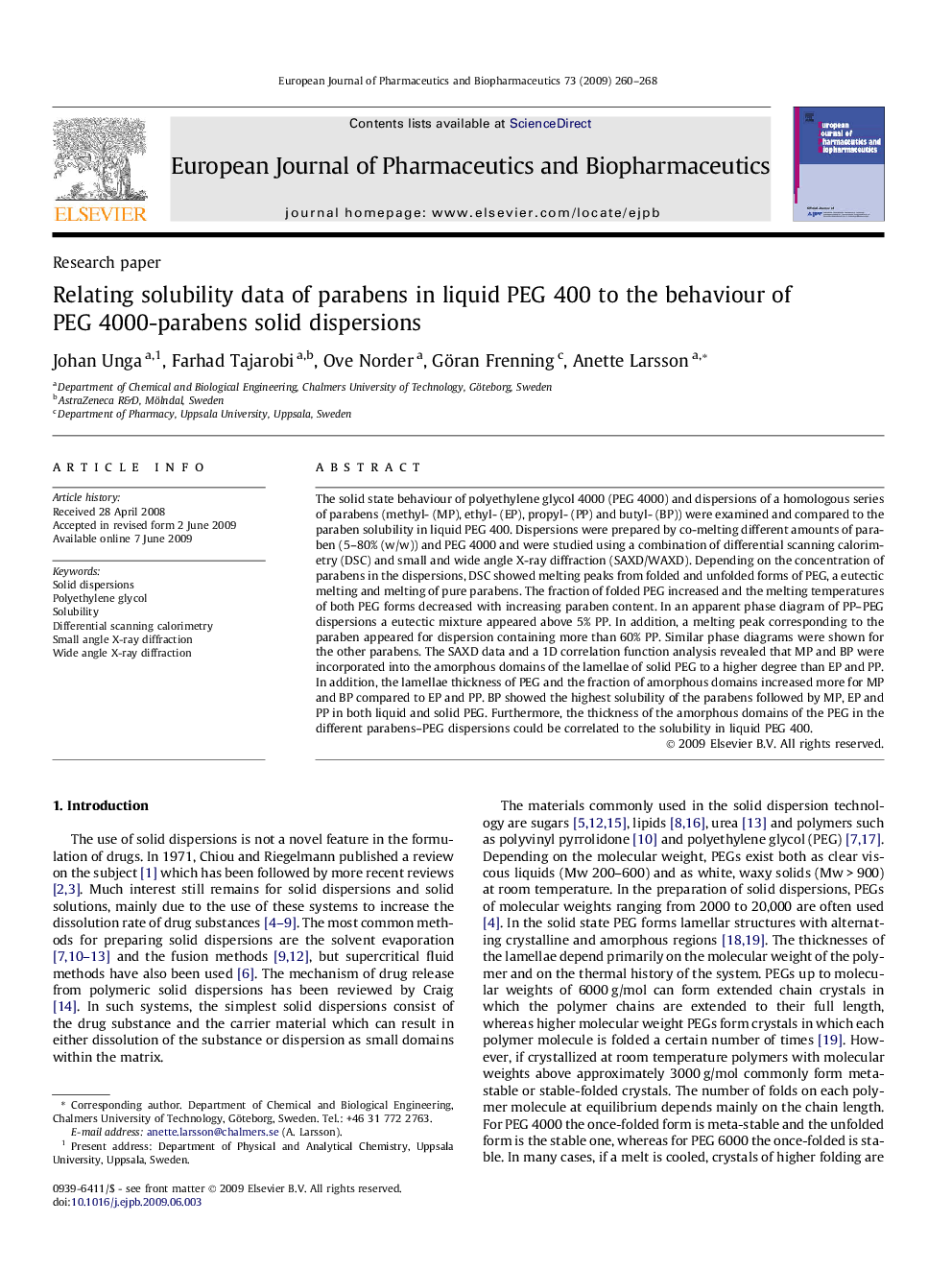 Relating solubility data of parabens in liquid PEG 400 to the behaviour of PEG 4000-parabens solid dispersions