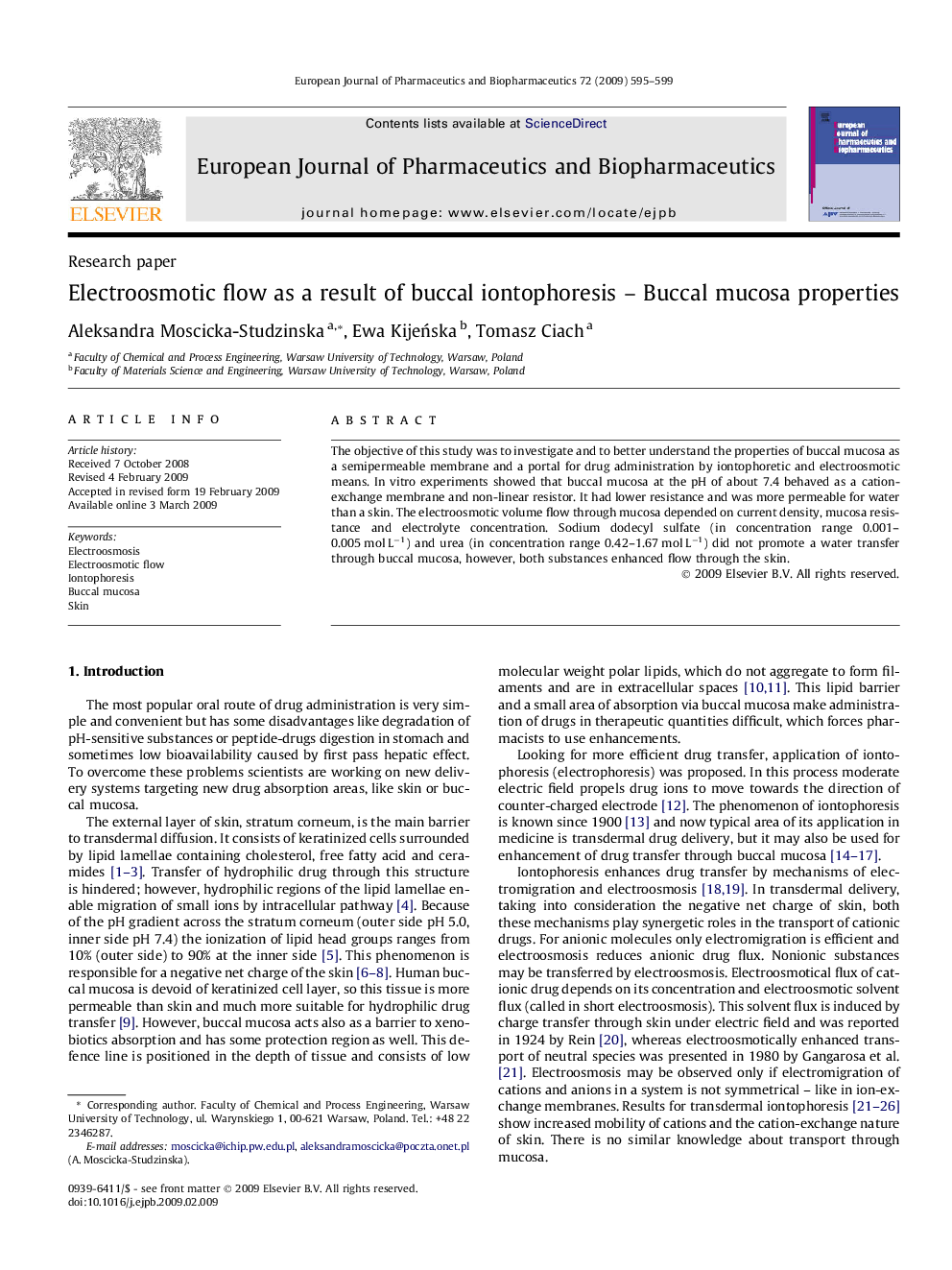 Electroosmotic flow as a result of buccal iontophoresis – Buccal mucosa properties