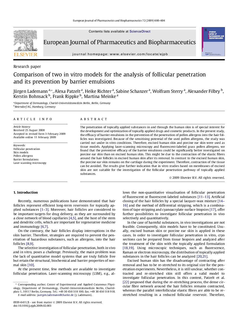 Comparison of two in vitro models for the analysis of follicular penetration and its prevention by barrier emulsions