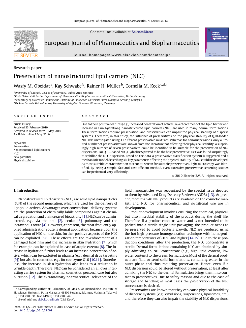 Preservation of nanostructured lipid carriers (NLC)