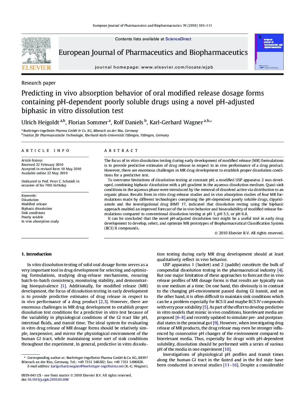 Predicting in vivo absorption behavior of oral modified release dosage forms containing pH-dependent poorly soluble drugs using a novel pH-adjusted biphasic in vitro dissolution test