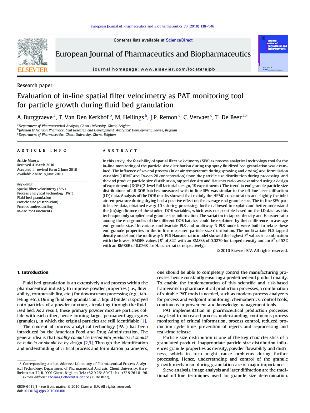 Evaluation of in-line spatial filter velocimetry as PAT monitoring tool for particle growth during fluid bed granulation