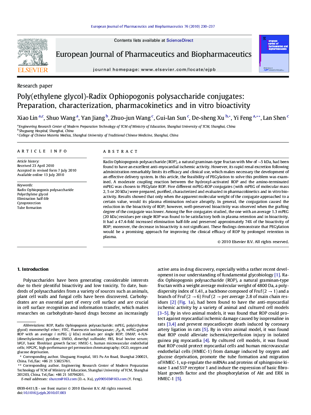 Poly(ethylene glycol)-Radix Ophiopogonis polysaccharide conjugates: Preparation, characterization, pharmacokinetics and in vitro bioactivity