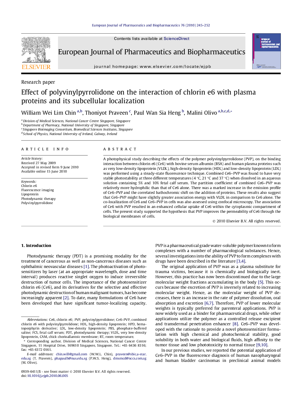 Effect of polyvinylpyrrolidone on the interaction of chlorin e6 with plasma proteins and its subcellular localization