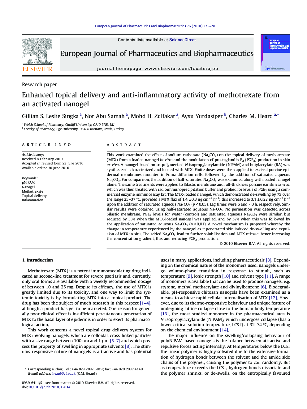 Enhanced topical delivery and anti-inflammatory activity of methotrexate from an activated nanogel