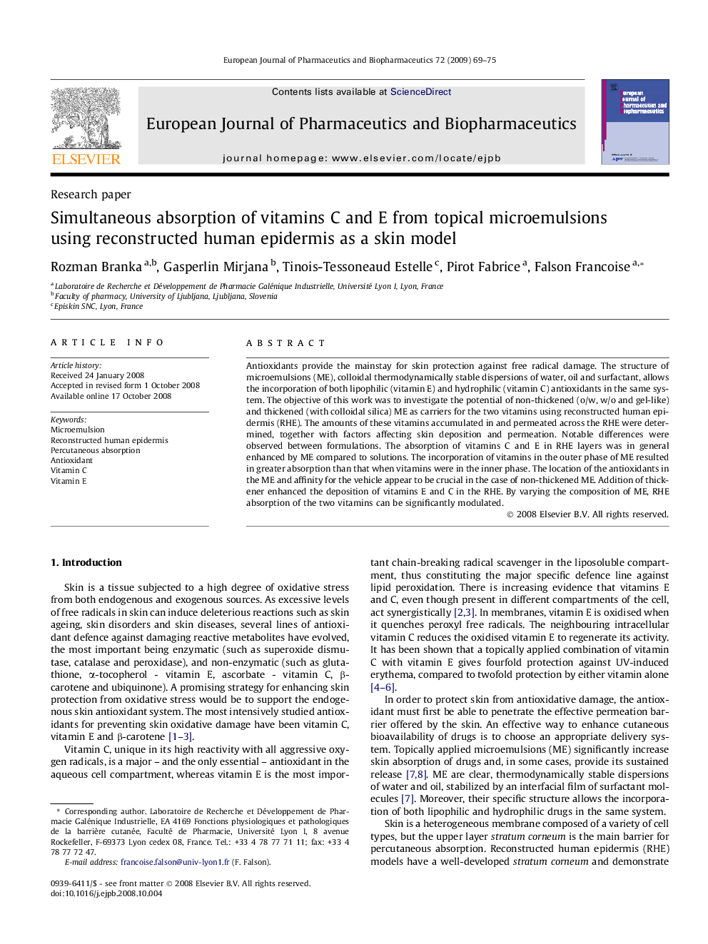 Simultaneous absorption of vitamins C and E from topical microemulsions using reconstructed human epidermis as a skin model